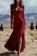 Rebadress U Neck Buttop Up Long Sleeves Ruffle Slit Maxi Dress