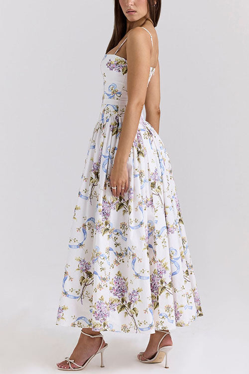 Rebadress Spaghetti Strap Floral Print Bustier A-line Maxi Dress
