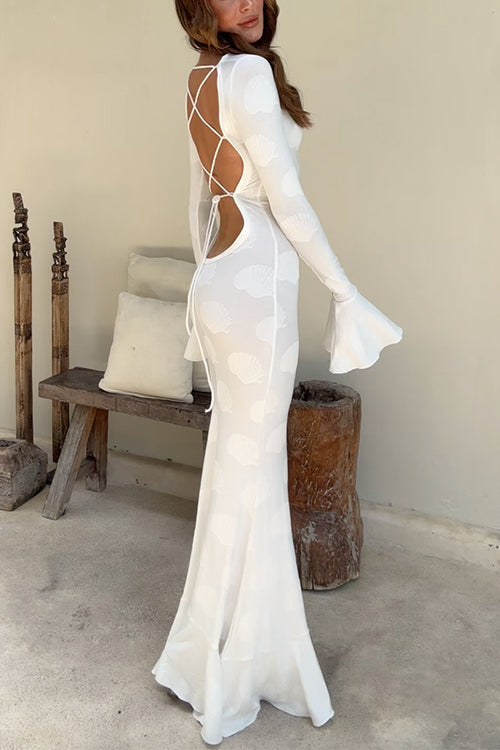 Rebadress Bell Long Sleeves Backless Lace-up Shell Print Maxi Dress