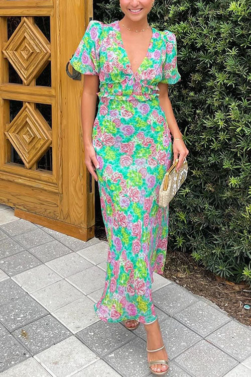 V Neck Puff Sleeves Tie Back Floral Print Maxi Dress