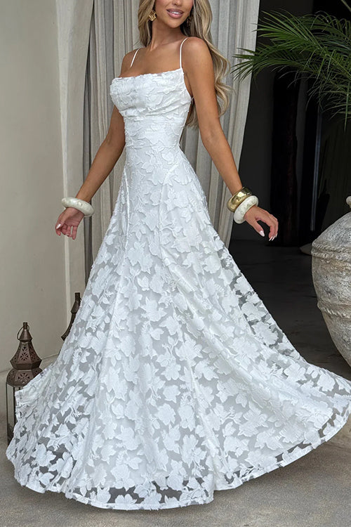 Rebadress Spaghetti Strap Backless Lace-up Jacquard Maxi Dress