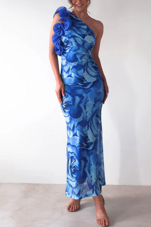Rebadress Ruffle One Shoulder Floral Print Bodycon Maxi Dress