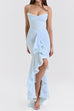 Rebadress Spaghetti Strap Frill Trim Draped Slit Maxi Dress