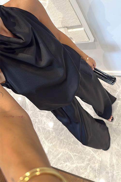 Cowl Neck Sleeveless Top and Elastic Waist Wide Leg Pants Satin Set