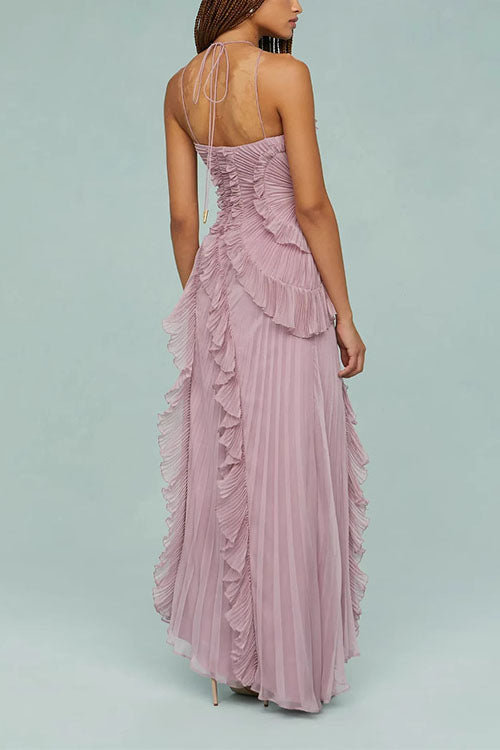 Rebadress Strappy Halter Neck Ruffle Trim Asymmetric Hem Pleated Maxi Dress