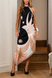 Rebadress Halter Neck Open Back Asymmetric Hem Printed Satin Midi Dress