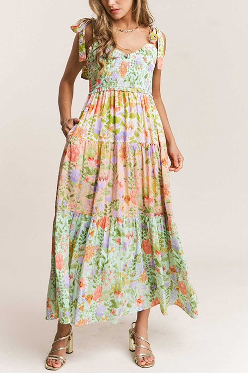Rebadress V Neck Bow Shoulder Tiered Floral Print Maxi Dress