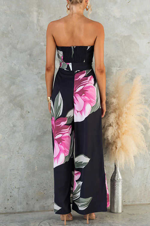 Strapless Tie Waist Wide Leg Floral Print Jumpsuit