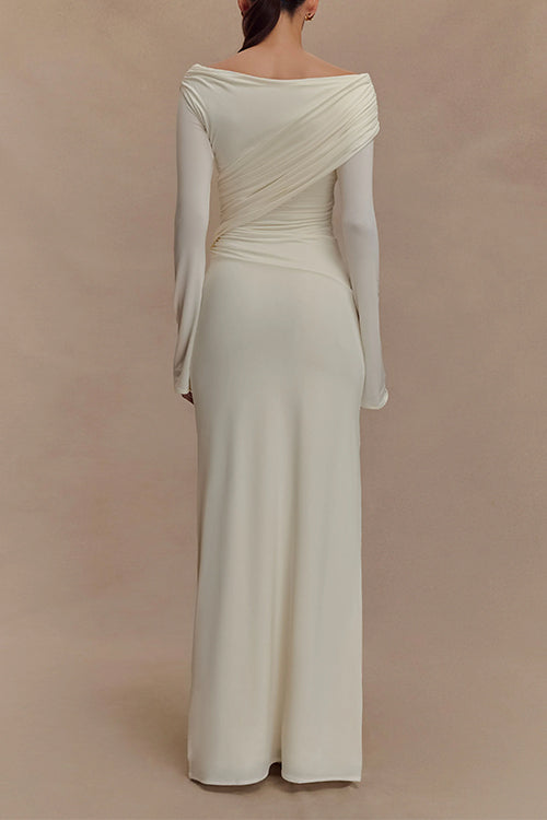 Elegant Off Shoulder Long Sleeves Ruched Maxi Dress