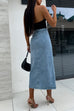 Rebadress Button Down Slit Midi Denim Skirt