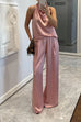 Cowl Neck Sleeveless Top and Wide Leg Pocketed Pants Satin Set