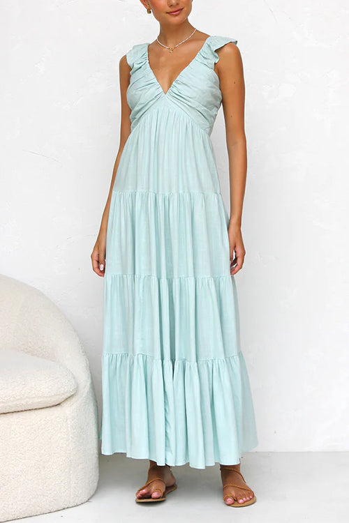 Rebadress V Neck Ruffle Trim Tiered Sleeveless Linen Maxi Dress