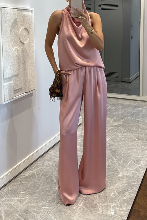 Cowl Neck Sleeveless Top and Elastic Waist Wide Leg Pants Satin Set