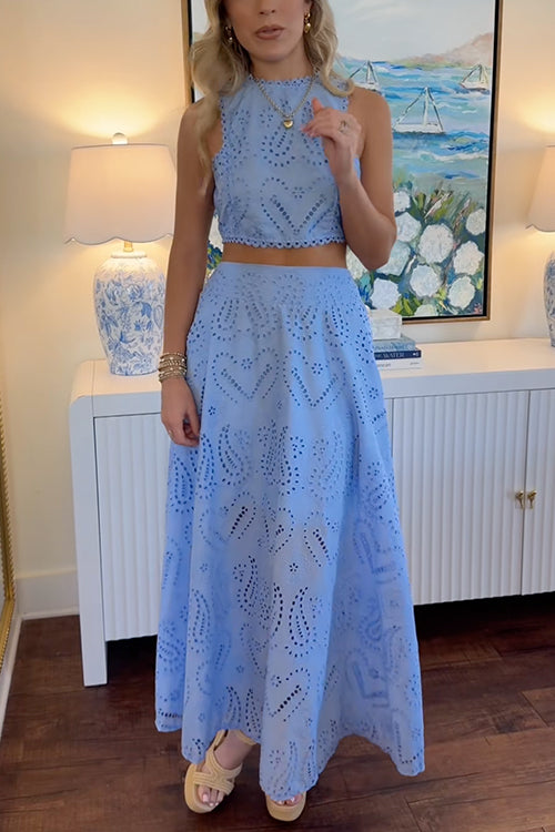 Rebadress Sleeveless Crop Top and A-line Maxi Skirt Lace Set