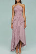 Rebadress Strappy Halter Neck Ruffle Trim Asymmetric Hem Pleated Maxi Dress