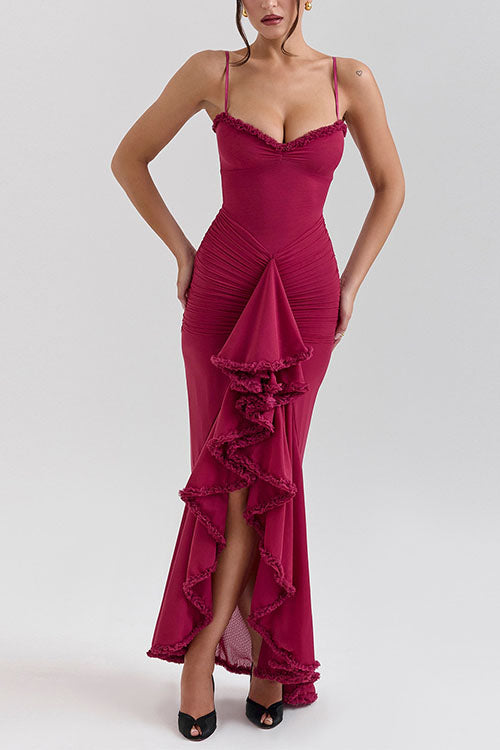 Rebadress Spaghetti Strap Frill Trim Draped Slit Maxi Dress