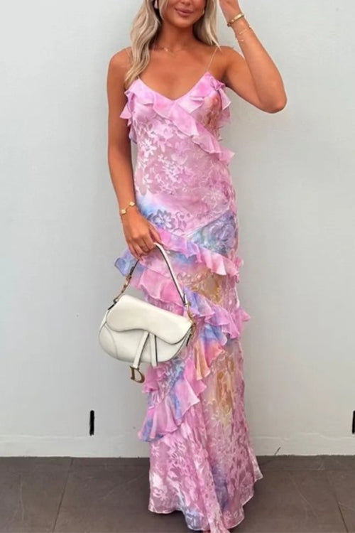 Rebadress Spaghetti Strap Backless Ruffle Trim Printed Maxi Dress