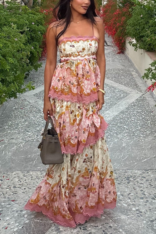 Rebadress Spaghetti Strap Back Lace-up Ruffle Layered Floral Print Maxi Dress
