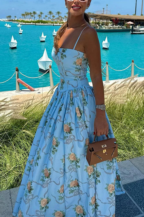Rebadress Spaghetti Strap Waisted Floral Print A-line Maxi Dress