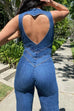 Rebadress Zip Up Sleeveless Heart Back Bell Bottom Denim Jumpsuit