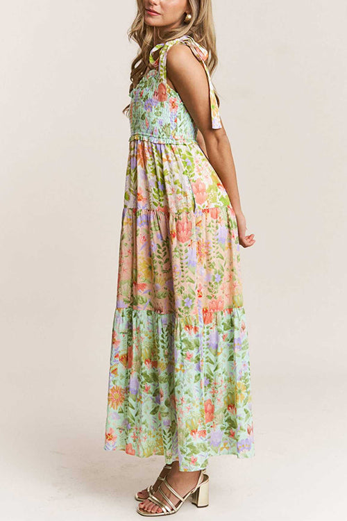 Rebadress V Neck Bow Shoulder Tiered Floral Print Maxi Dress
