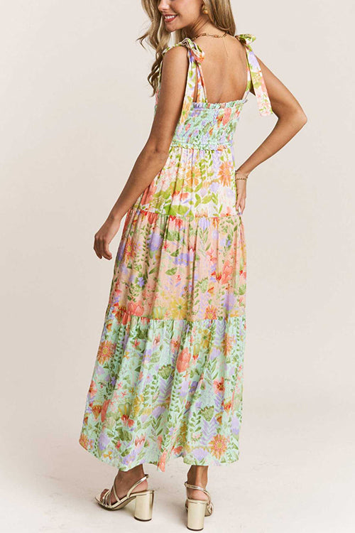 Rebadress V Neck Bow Shoulder Tiered Floral Print Maxi Dress