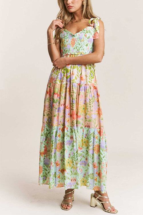 Rebadress V Neck Bow Shoulder Tiered Floral Print Maxi Dress