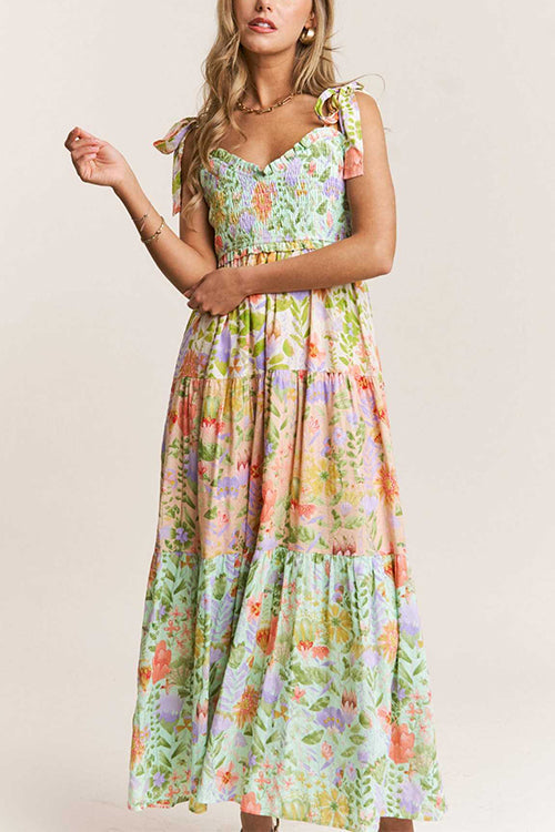 Rebadress V Neck Bow Shoulder Tiered Floral Print Maxi Dress