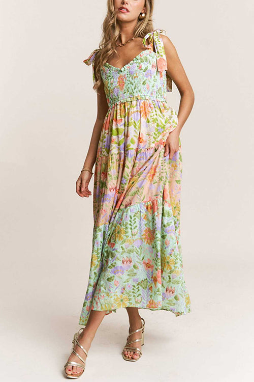 Rebadress V Neck Bow Shoulder Tiered Floral Print Maxi Dress