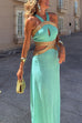 Tie Bow Backless Cut Out Color Block Maxi Dress