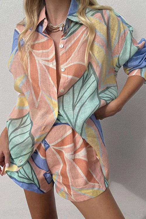 Rebadress Unique Print Long Sleeves Button Up Shirt and Pocketed Shorts Linen Set