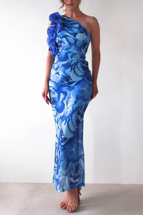 Rebadress Ruffle One Shoulder Floral Print Bodycon Maxi Dress