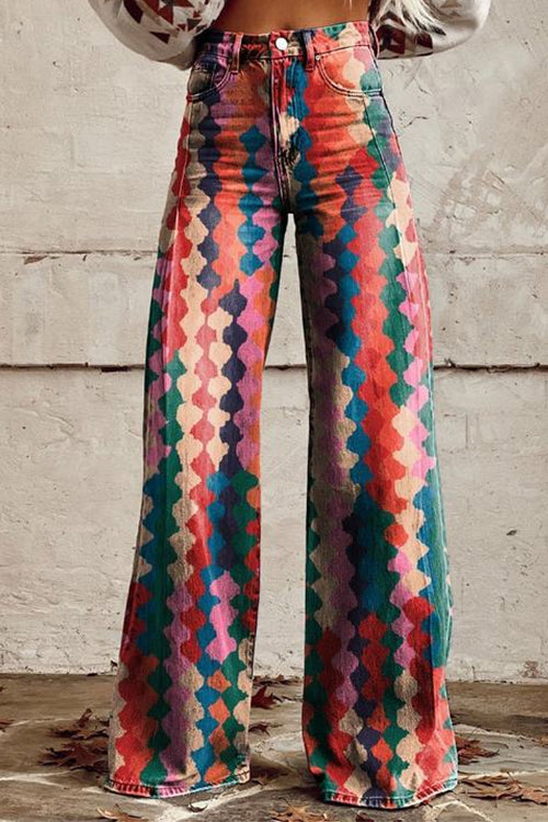 Rebadress High Rise Color Block Printed Wide Leg Pants