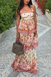 Rebadress Spaghetti Strap Back Lace-up Ruffle Layered Floral Print Maxi Dress