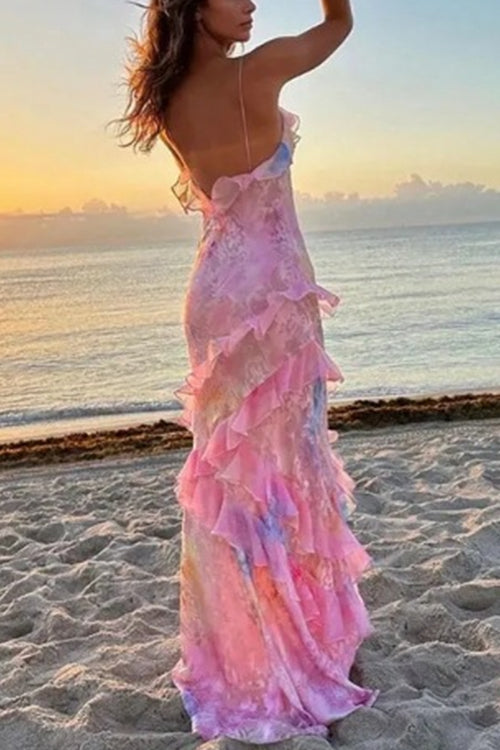 Rebadress Spaghetti Strap Backless Ruffle Trim Printed Maxi Dress