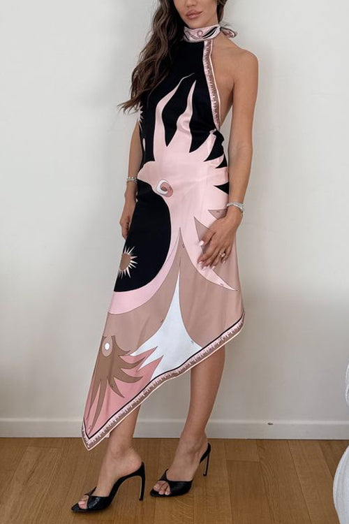 Rebadress Halter Neck Open Back Asymmetric Hem Printed Satin Midi Dress