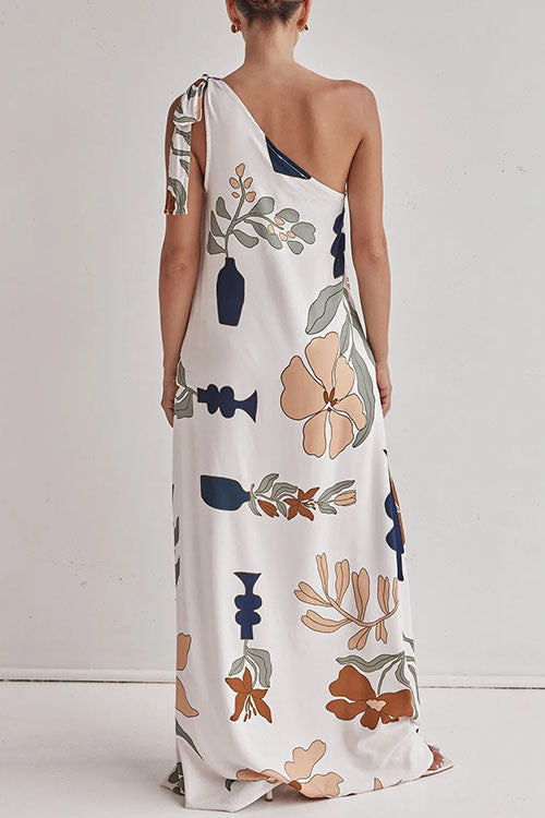 Rebadress Tie Knot One Shoulder Floral Print Maxi Dress