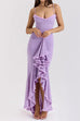 Rebadress Spaghetti Strap Frill Trim Draped Slit Maxi Dress