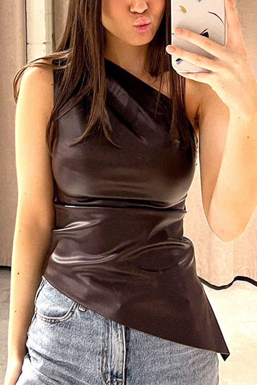 Rebadress One Shoulder Sleeveless Asymmetric Faux Leather Top