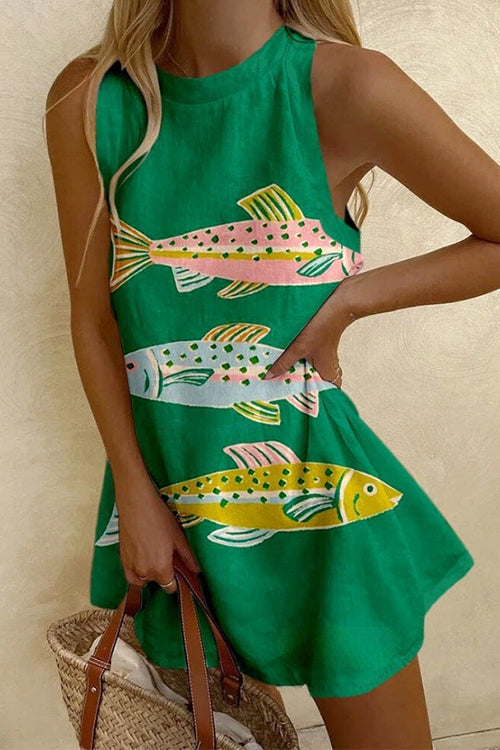 Rebadress Crewneck Sleeveless Fish Print Mini Beach Dress