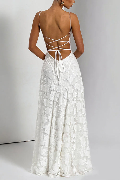 Rebadress Spaghetti Strap Backless Lace-up Jacquard Maxi Dress