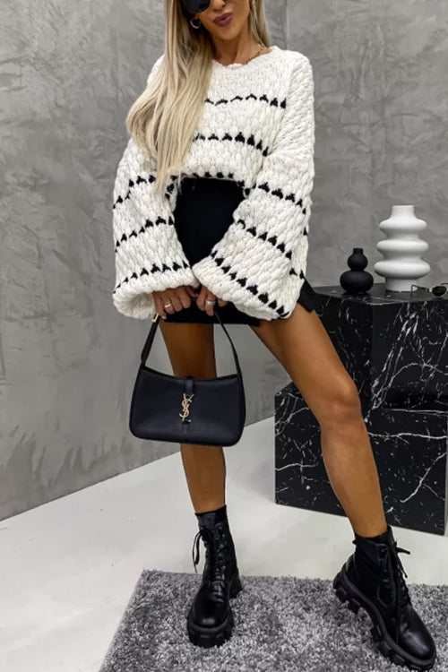 Rebadress Lantern Sleeves Color Block Chunky Knit Sweater