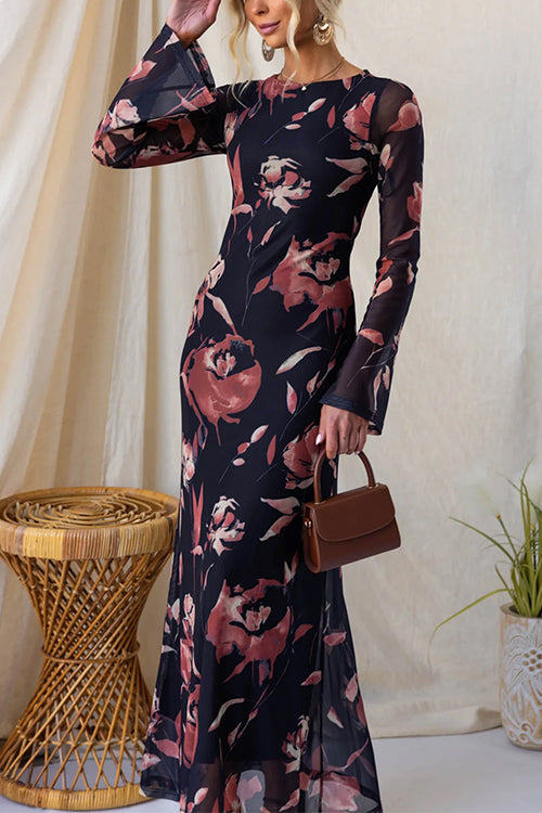 Round Neck Long Sleeves Floral Print Maxi Dress
