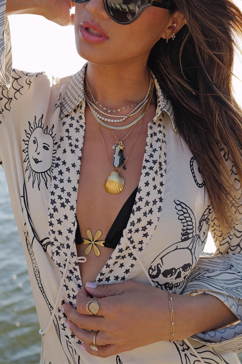 Rebadress Collared V Neck Shirt and Side Slit Shorts Vitamin Sea Print Set