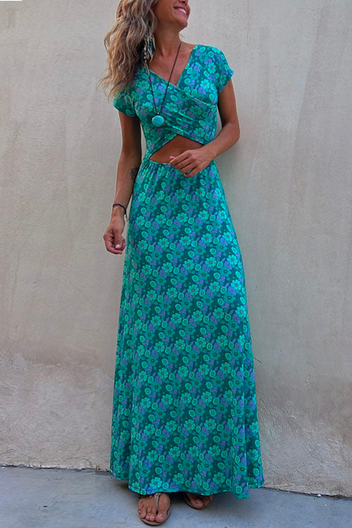 Rebadress One Dress Two Ways Short Sleeve Floral Printed Maxi Dress