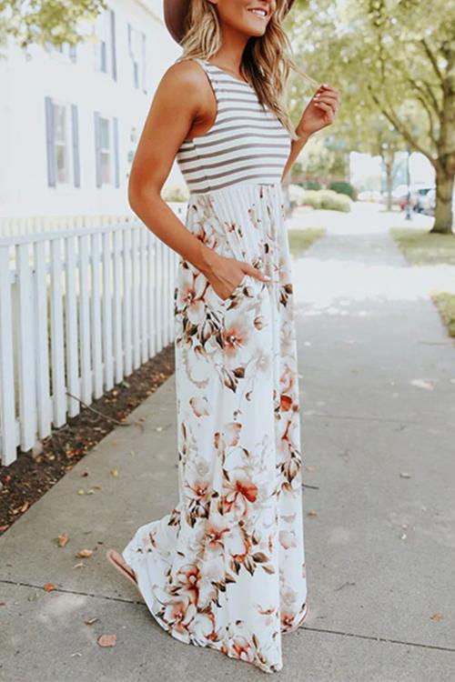 Rebadress Striped Floral Splice Sleeveless Maxi Dress