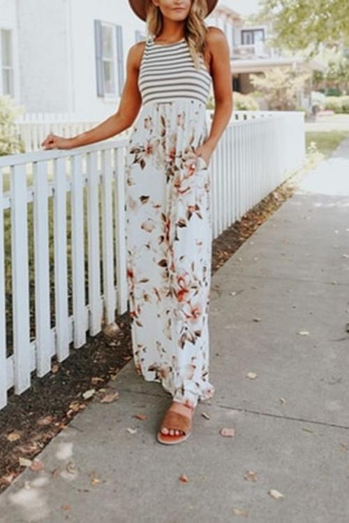Rebadress Striped Floral Splice Sleeveless Maxi Dress