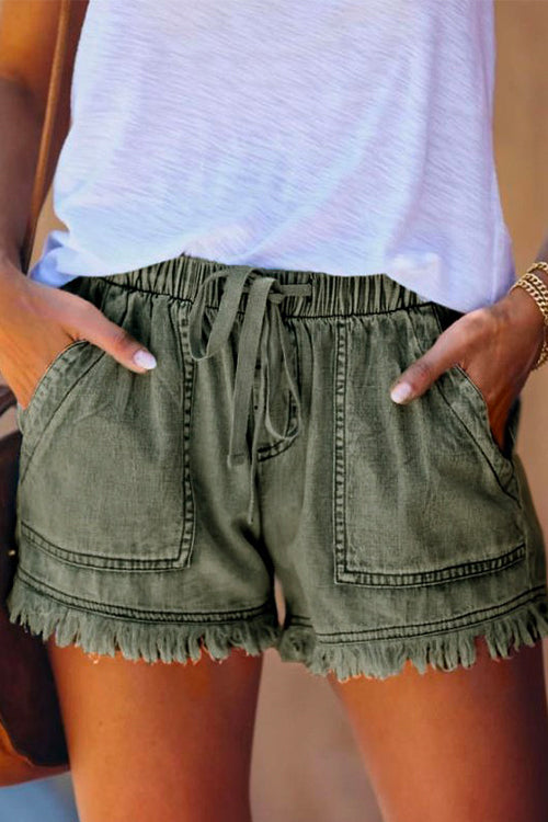 RD Elastic High Waist Raw Hem Shorts