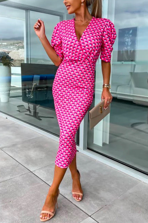 Rebadress Wrap V Neck Puff Sleeves Printed Midi Bodycon Dress