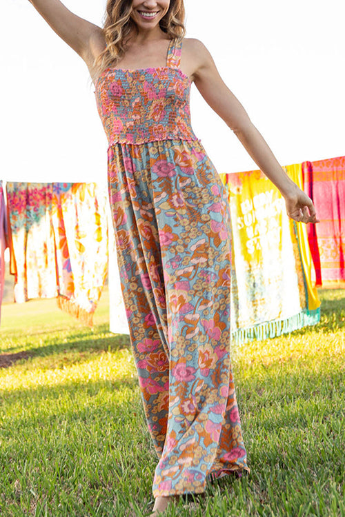 Rebadress Wide Straps Smocked Wide Leg Floral Jumpsuit